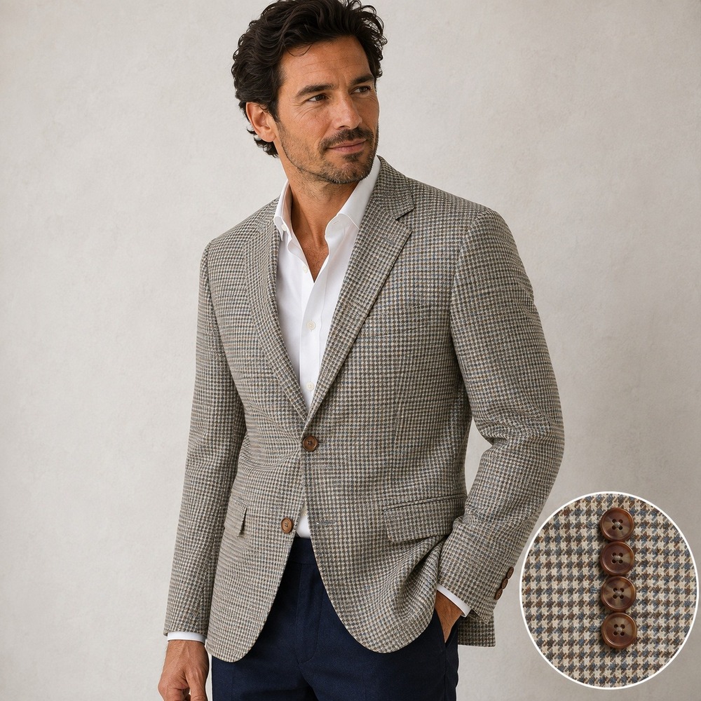 Ralph Lauren Blazer Mens 46R Tan Houndstooth Silk Wool Sport Coat Luxury Classic